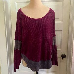 Free People Sz M Burgundy Pullover Waffle Knit Banded Long Sleeve Top